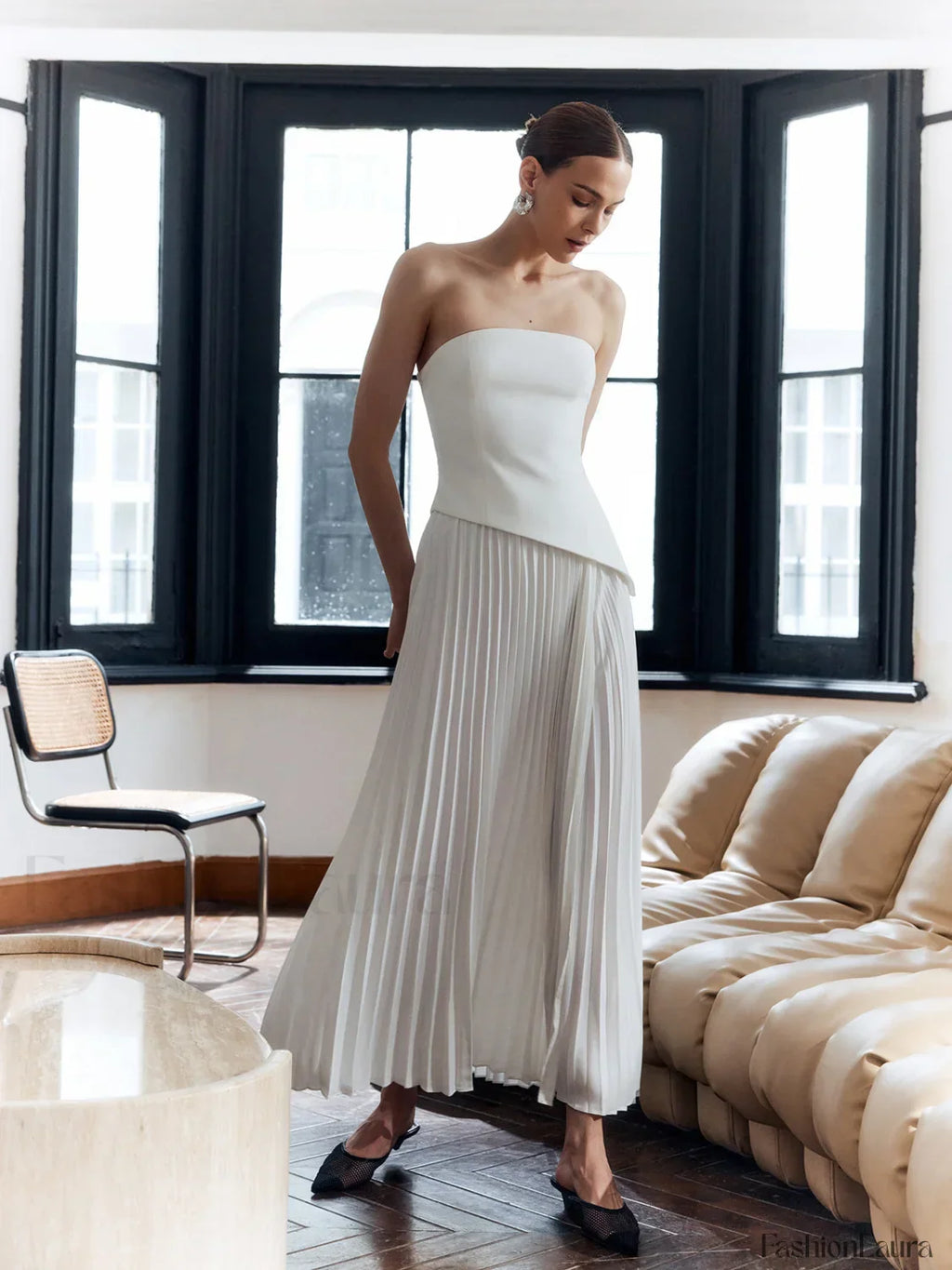 Pleated Strapless Split Dress