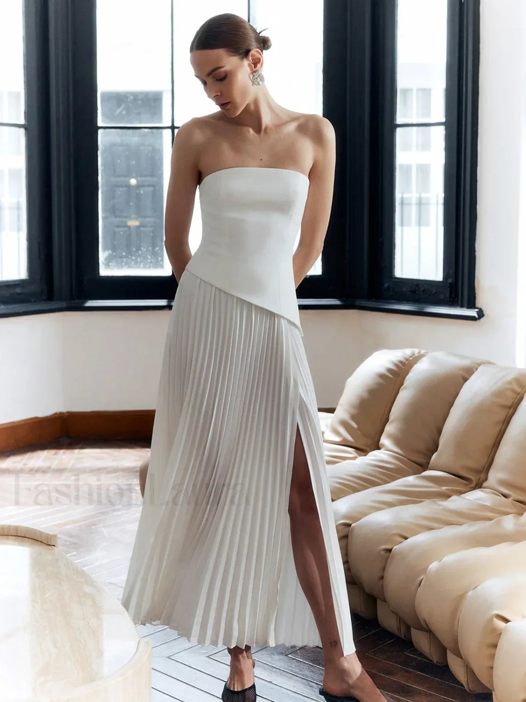 Pleated Strapless Split Dress