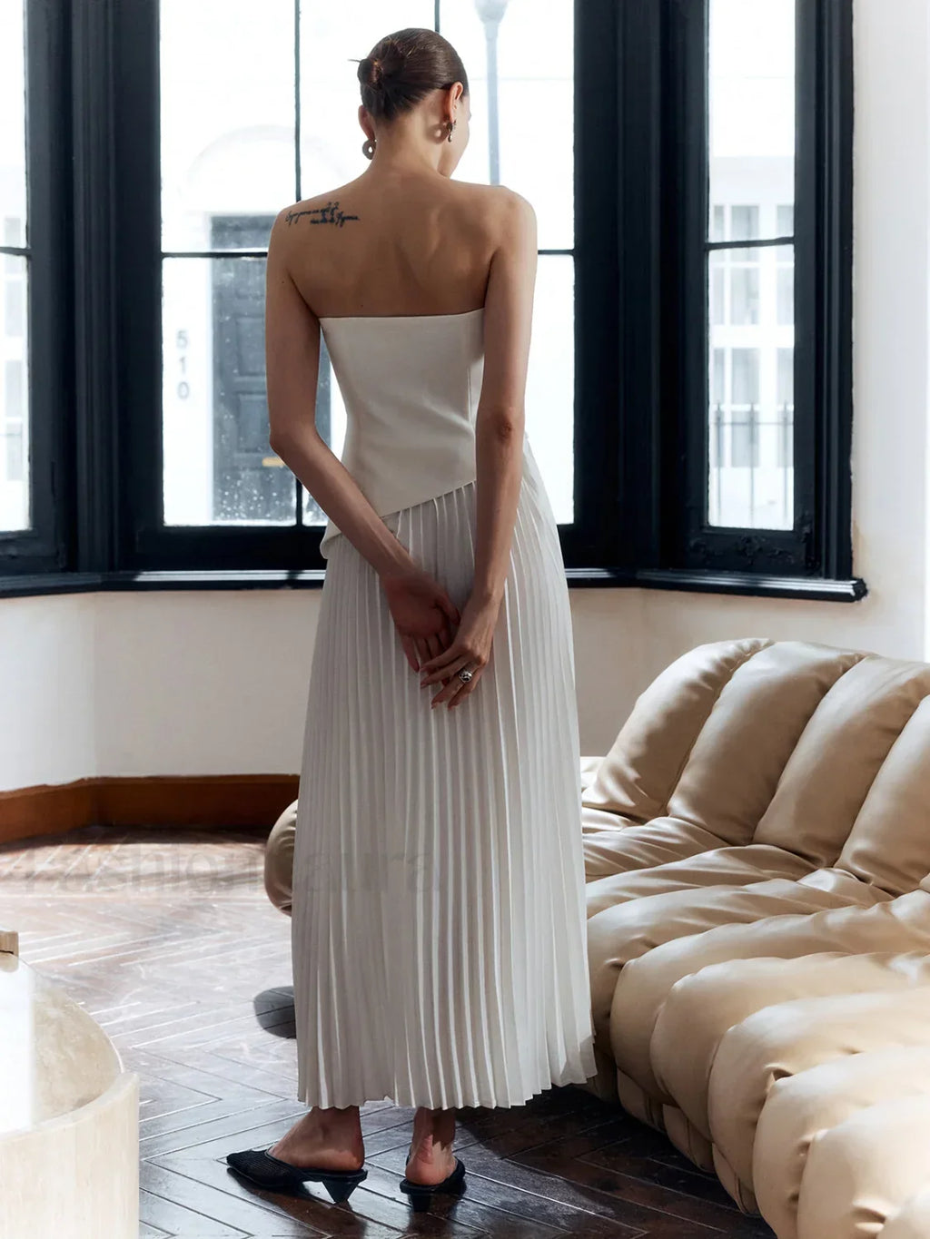 Pleated Strapless Split Dress