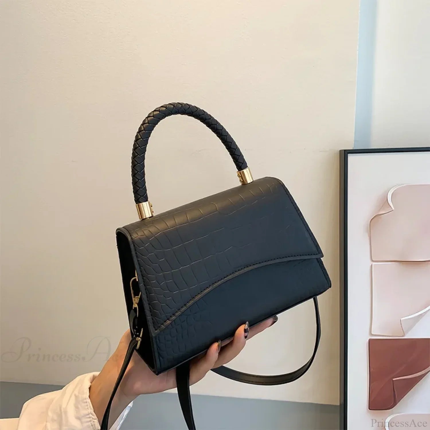 Solid PU Leather Designer Casual Crossbody Top Handle Handbag