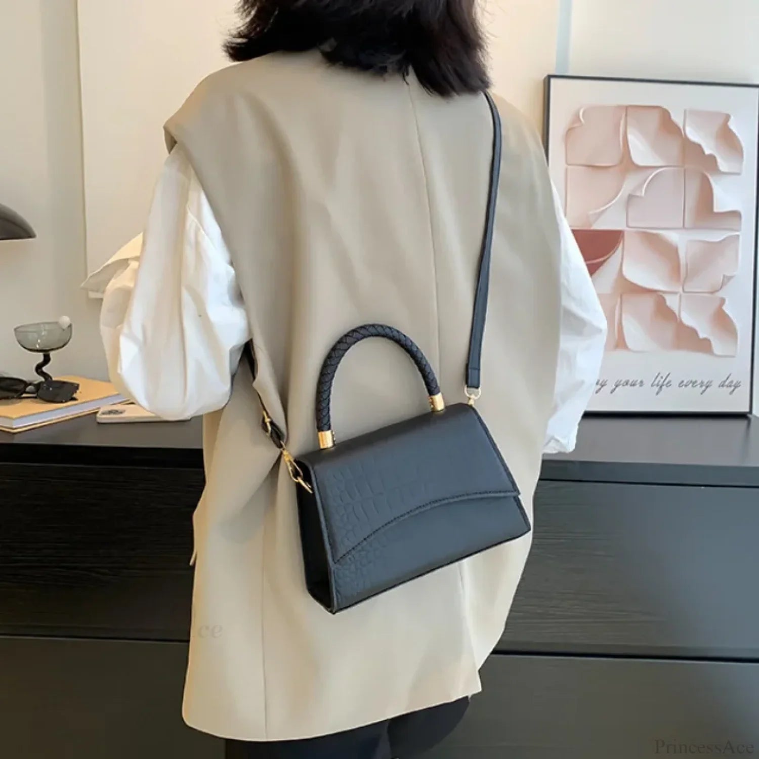 Solid PU Leather Designer Casual Crossbody Top Handle Handbag