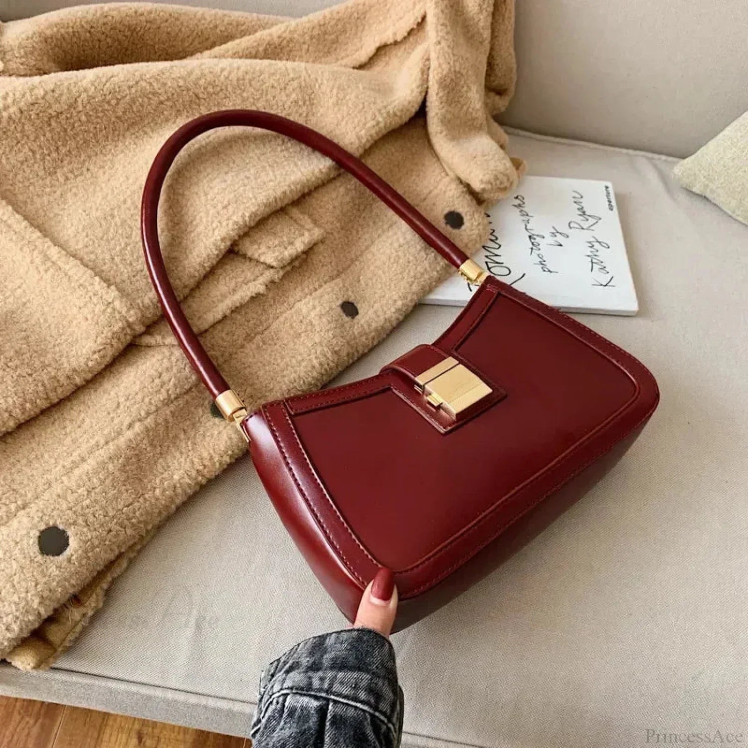 Solid PU Leather Trendy Lock Shoulder Bag