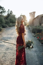 Solid Short Sleeve Lace V-neck Loose Maxi Boho Dress