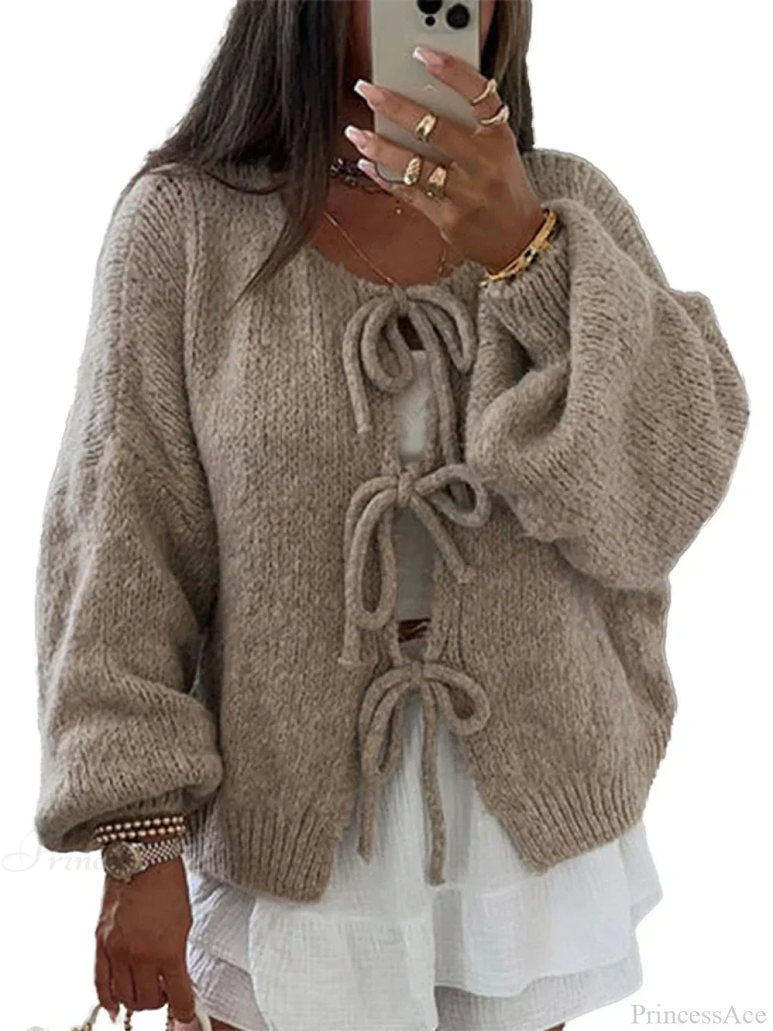 Solid Tie Front Round Neck Loose Cardigan