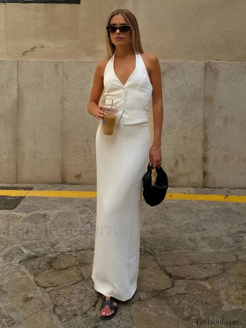 Solid V-Neck Backless Tie Up Halter & Split Maxi Skirt Set