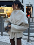 Solid V-neck Lace-up Coat