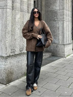Solid V-neck Mohair Loose Cardigan