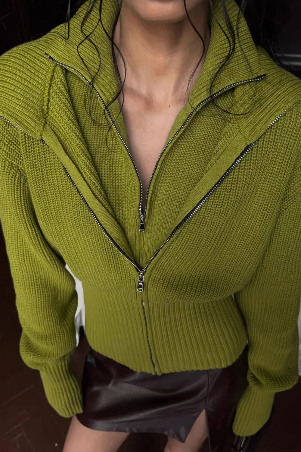Solid Zip Fitted Waist Fake Cardigan