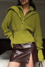 Solid Zip Fitted Waist Fake Cardigan