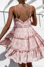 Spaghetti Strap Floral Lace Trim Sundress Flared Ruffled Prairie Summer Dress