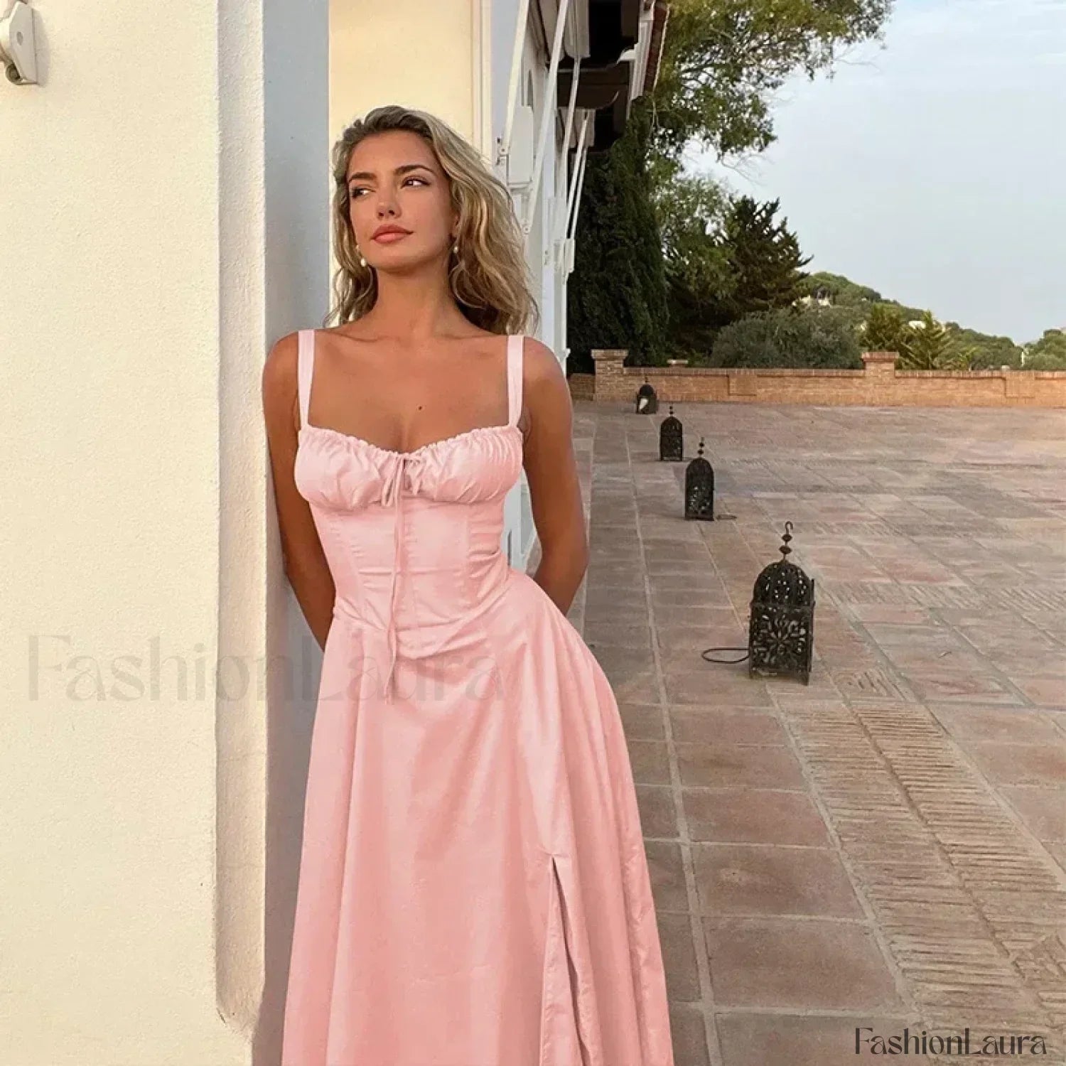 Pink Spaghetti Strap Lace-up Floral Dress
