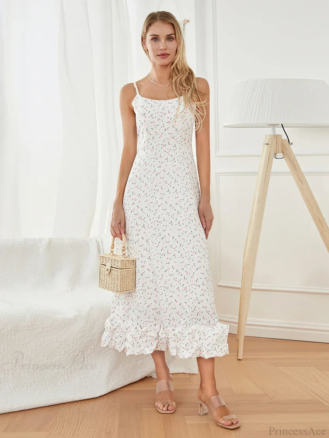 Spaghetti Strap Ruffled Long Sweet Sling Bubble Hem A-line Floral Dress