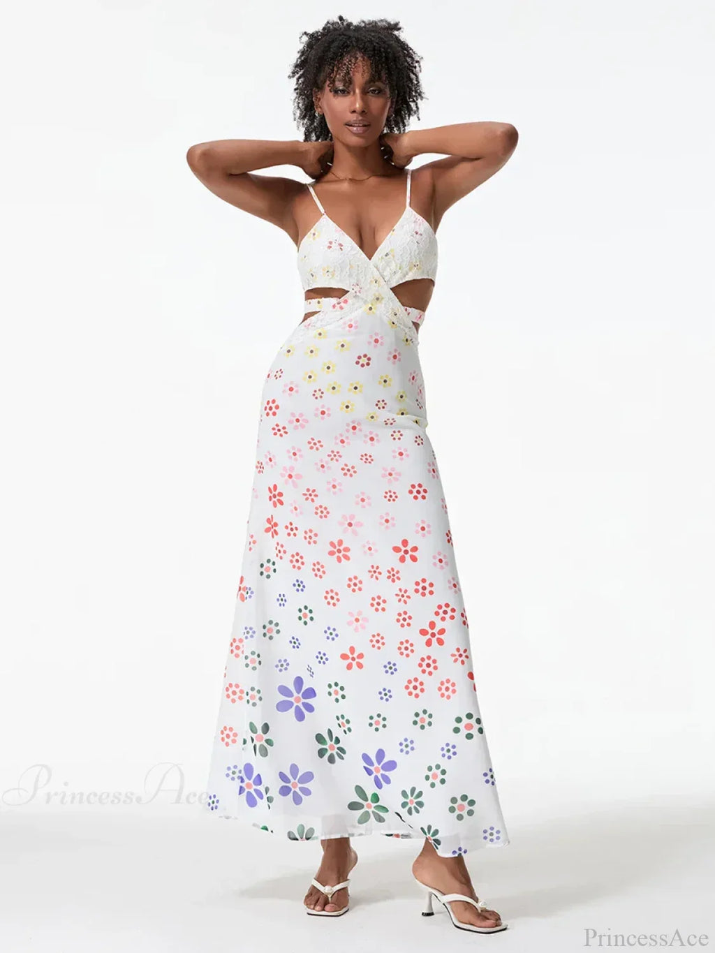 Spaghetti Straps Elegant Backless Bow Cross Floral Dress