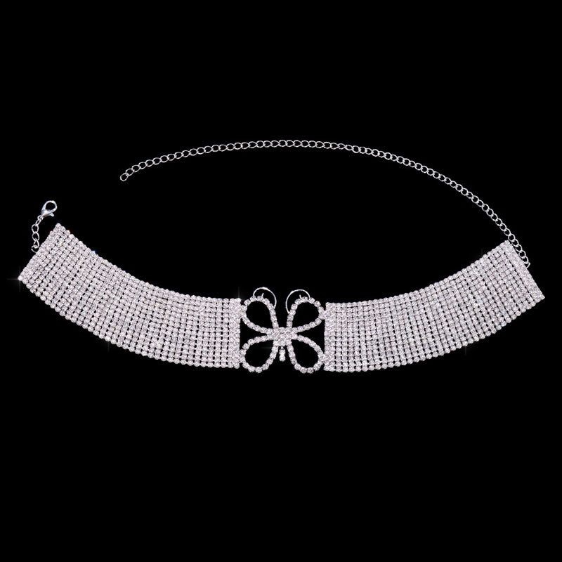 Sparkly Butterfly Crystal Choker Necklace - Silver