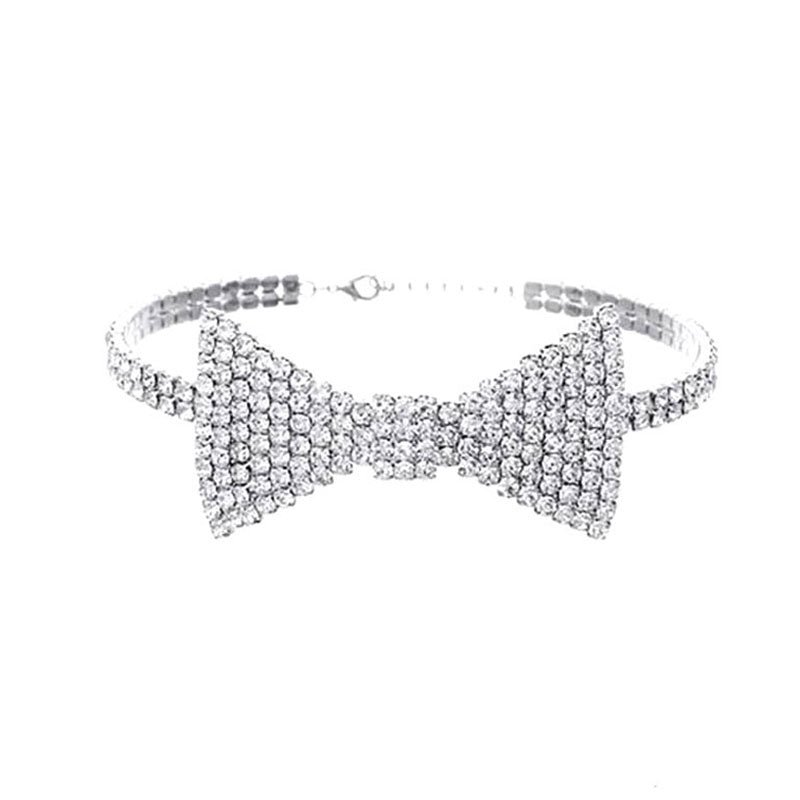 Crystal Bow Detail Choker Necklace - Silver