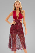 Sparkly Deep V Sequin Embellished Cutout Cocktail Midi Dress - Burgundy