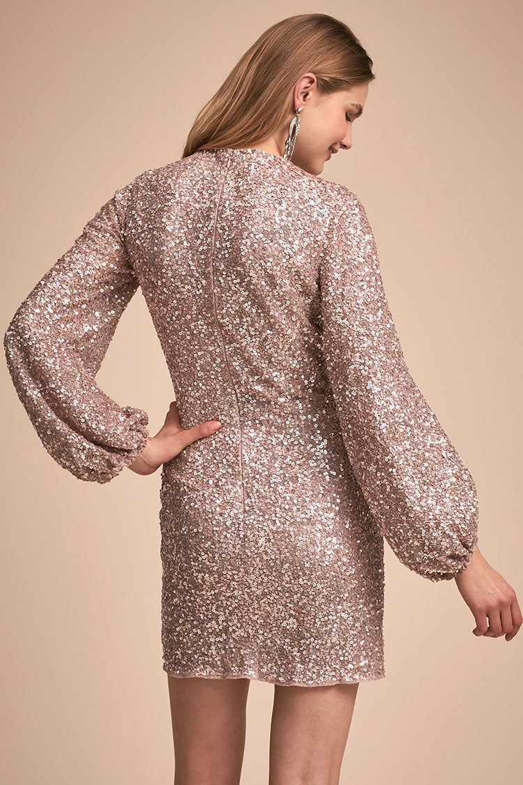 Sequin Lacy Long Sleeve Party Mini Dress - White