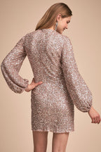 Sparkly Long Sleeve Round Neck Sequin Mini Dress - White