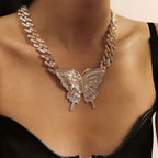 Rhinestone Butterfly Charm Statement Necklace - Gold