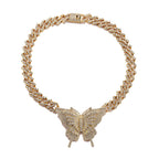 Rhinestone Butterfly Charm Statement Necklace - Gold