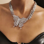 Butterfly Charm Statement Necklace with Sparkly Rhinestones - Silver
