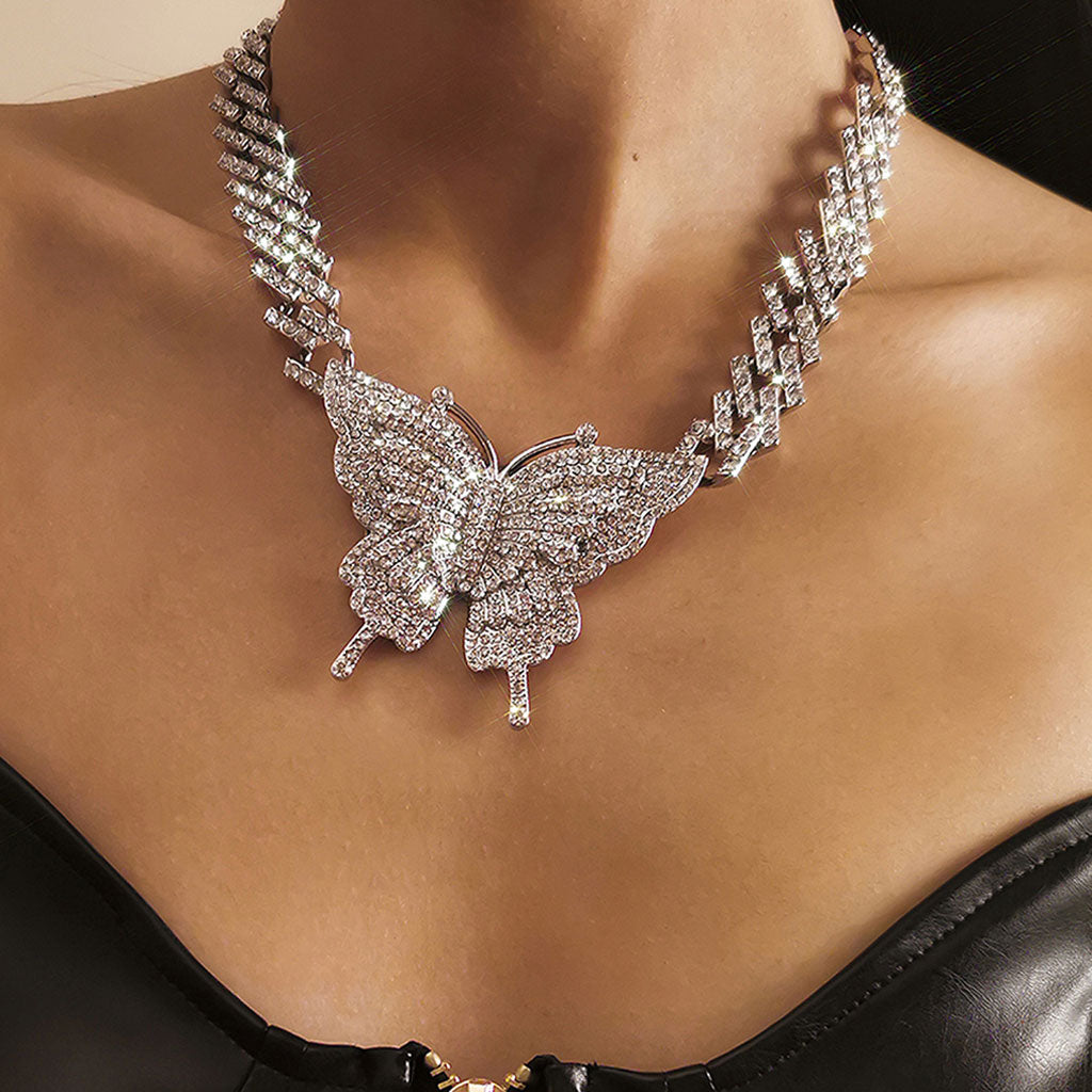 Butterfly Charm Statement Necklace with Sparkly Rhinestones - Silver