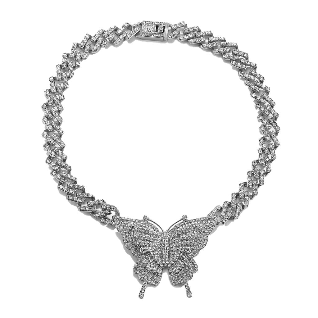 Butterfly Charm Statement Necklace with Sparkly Rhinestones - Silver
