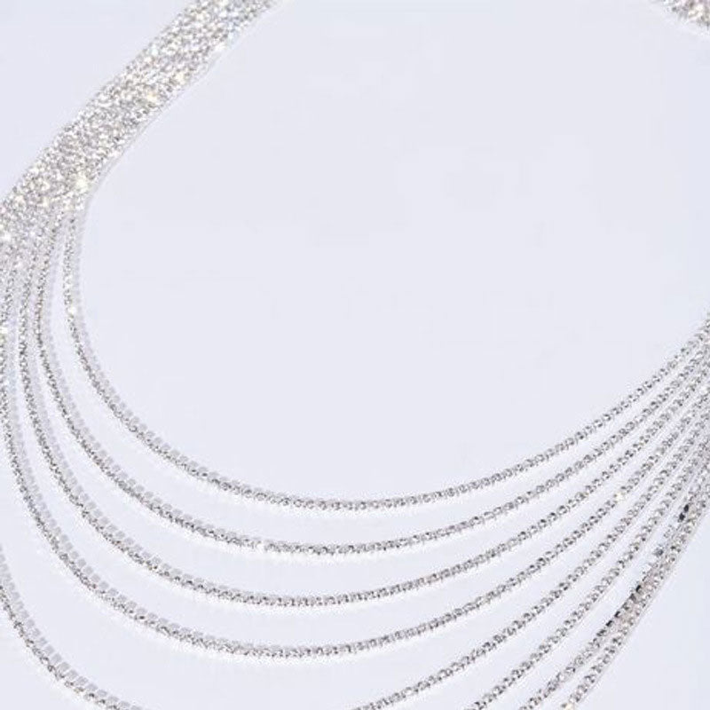 Rhinestone Tassel Layered Backdrop Necklace - Silver