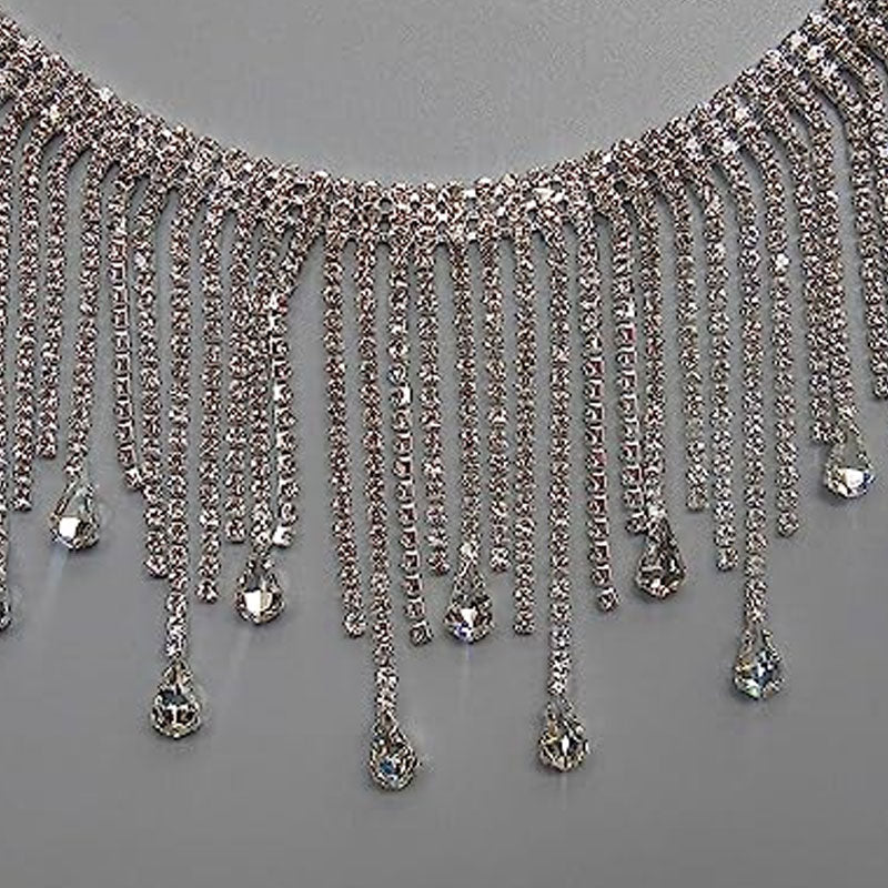 Rhinestone Waterfall Fringe Choker Necklace - Silver