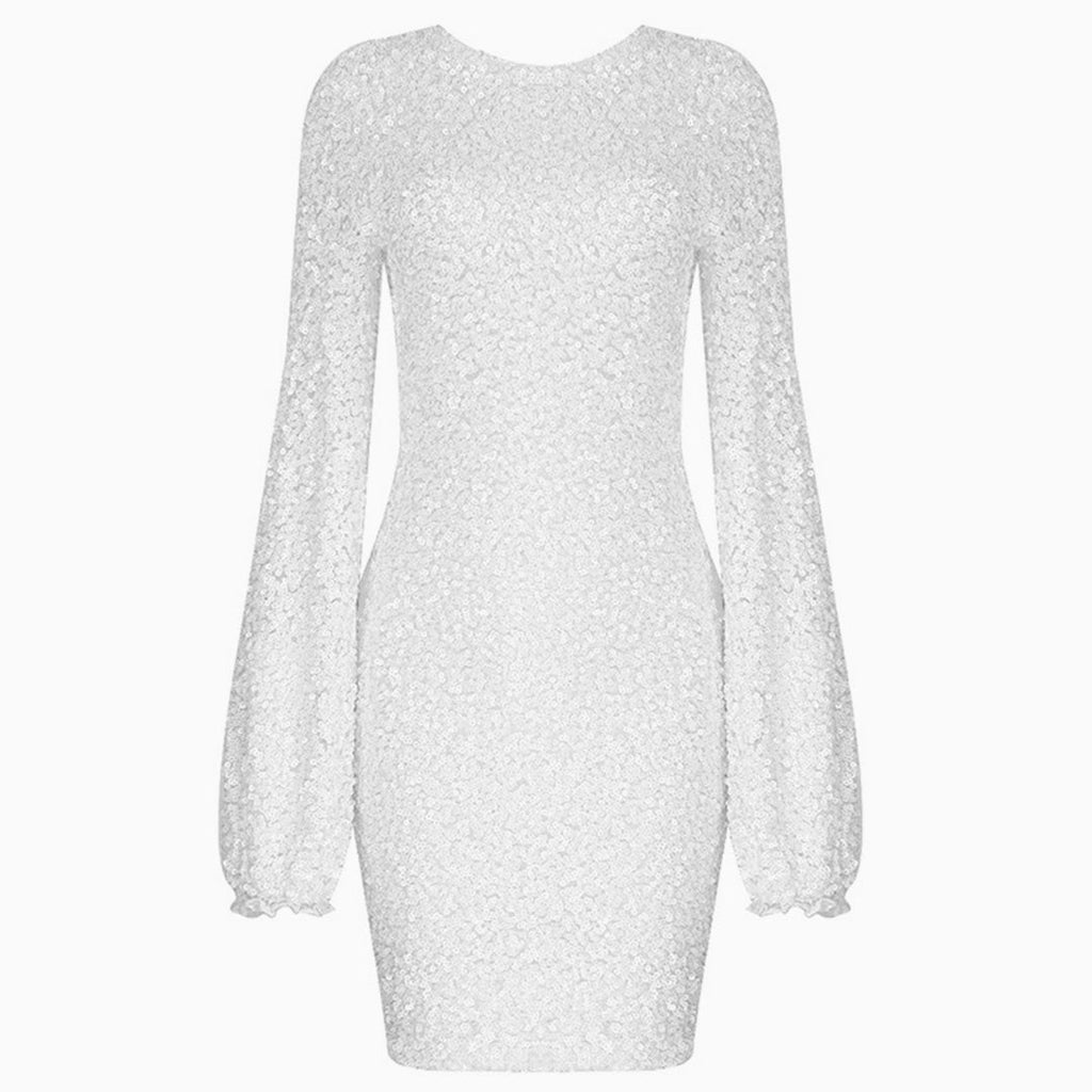 Sequin Lacy Long Sleeve Party Mini Dress - White