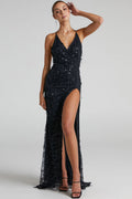 Sparkly Sequin Plunging High Split Backless Evening Maxi Dress - Black