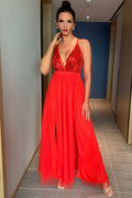 Sparkly Sequined Deep V High Split Backless Evening Maxi Dress - Red