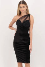 Sparkly Tulle One Shoulder Velvet Cocktail Party Midi Dress - Black