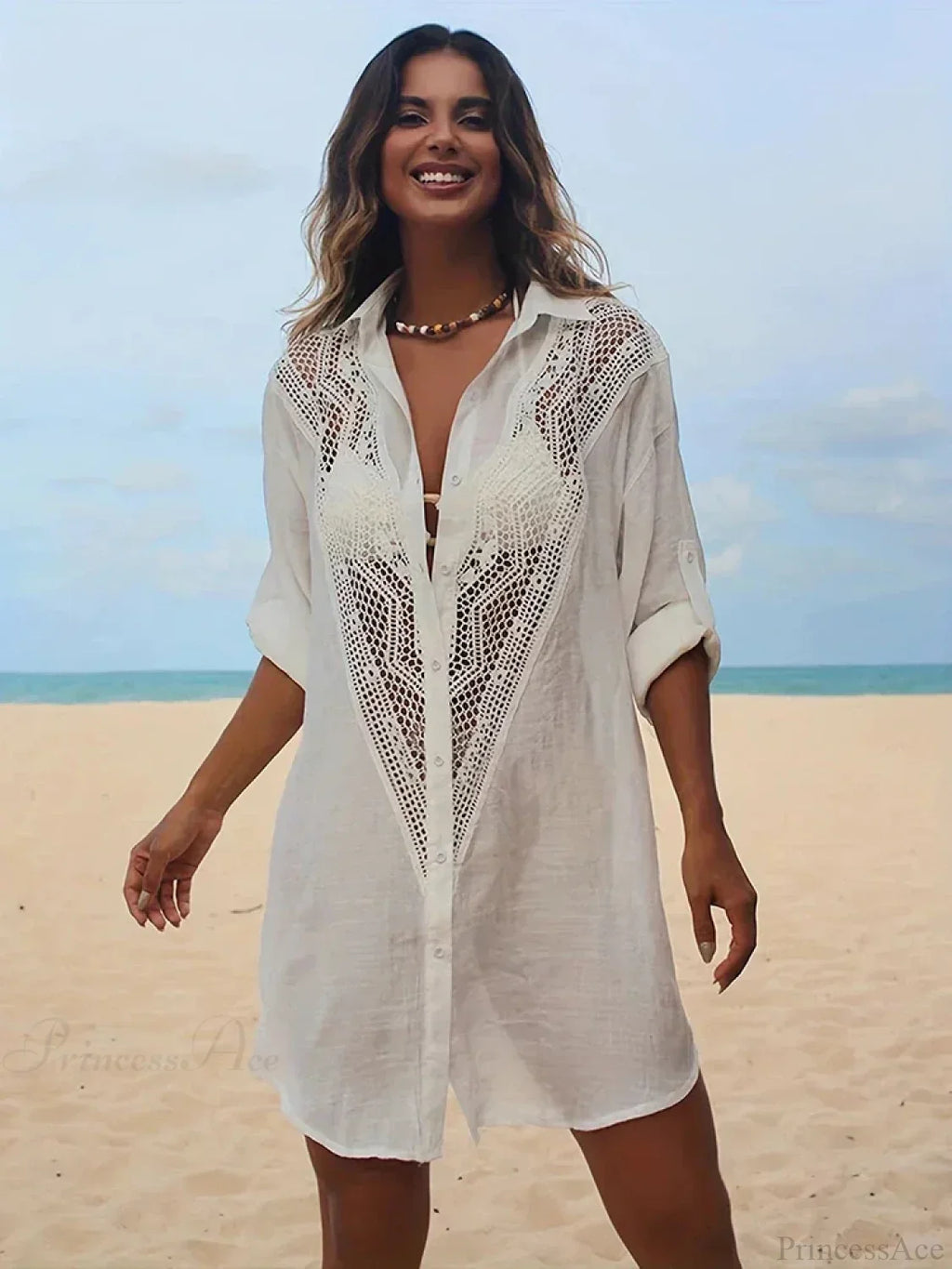 Spliced Lace Turn-Down Collar Cover Up