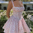 Spliced Square Neck Floral Dress