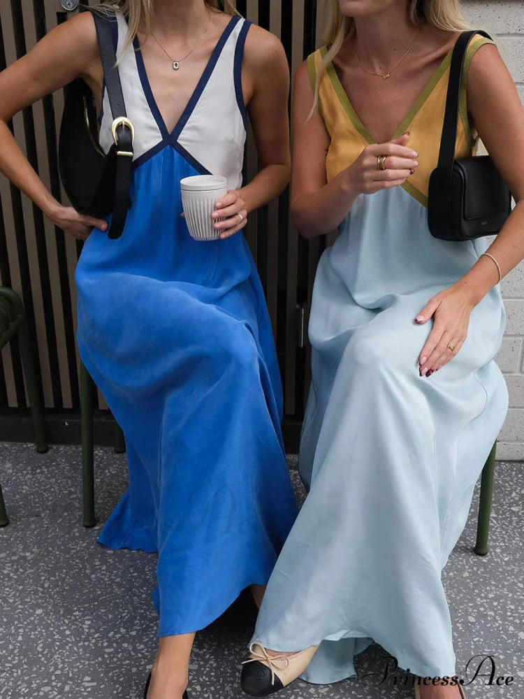 Splicing Chic V-neck Charming Contrasting Color Dress