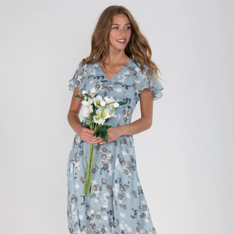 Sara Effortless Long Dress with Short Sleeves and Floral Print Statement Occasion Edit