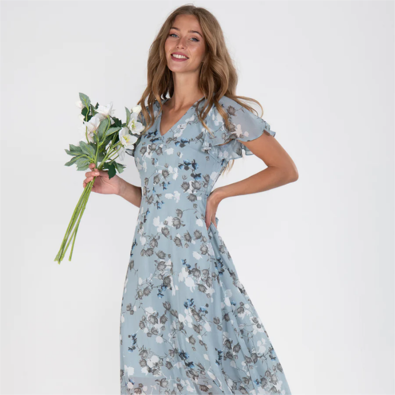 Sara Effortless Long Dress with Short Sleeves and Floral Print Statement Occasion Edit
