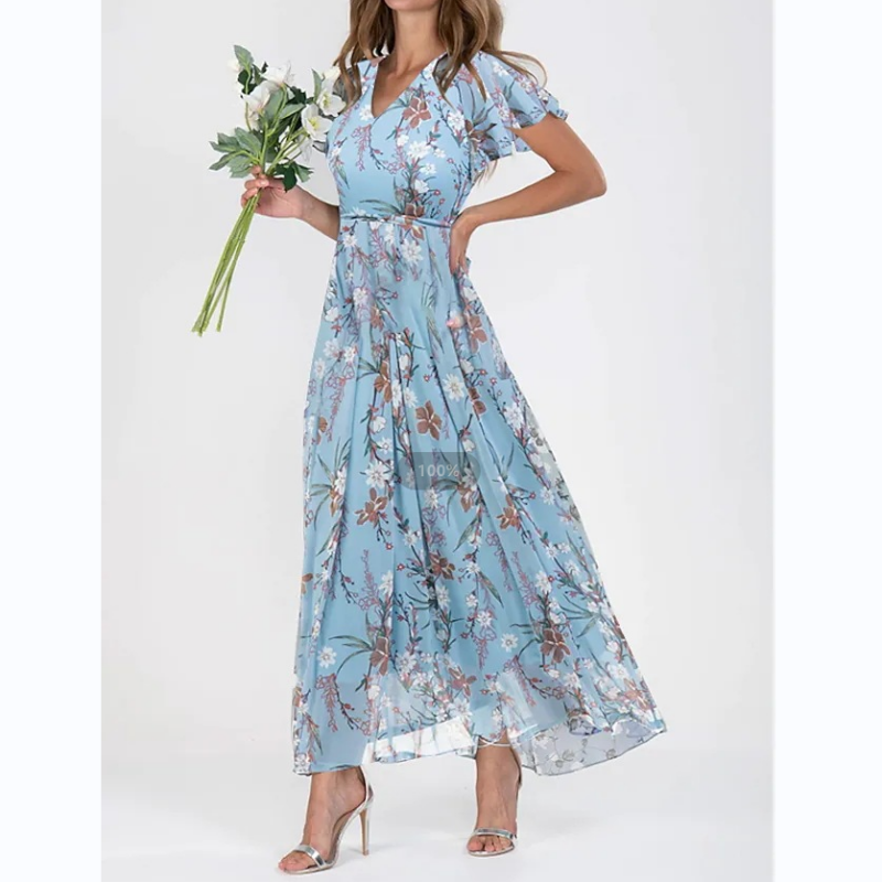 Sara Effortless Long Dress with Short Sleeves and Floral Print Statement Occasion Edit