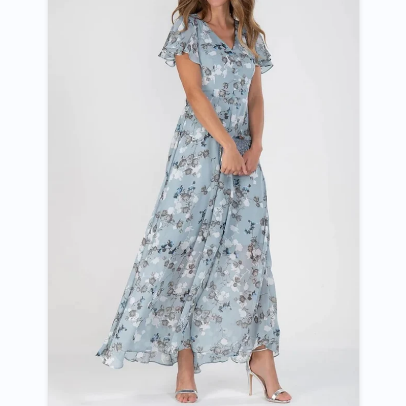 Sara Effortless Long Dress with Short Sleeves and Floral Print Statement Occasion Edit