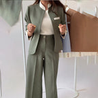 Elegant women's patchwork blazer with stand-up collar and trousers