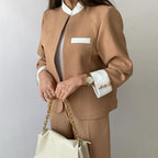 Elegant women's patchwork blazer with stand-up collar and trousers