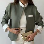 Elegant women's patchwork blazer with stand-up collar and trousers