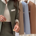Elegant women's patchwork blazer with stand-up collar and trousers