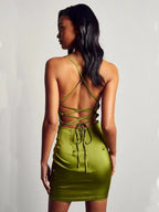 Satin Cowl Neck Spaghetti Strap Ruched Bodycon Mini Dress
