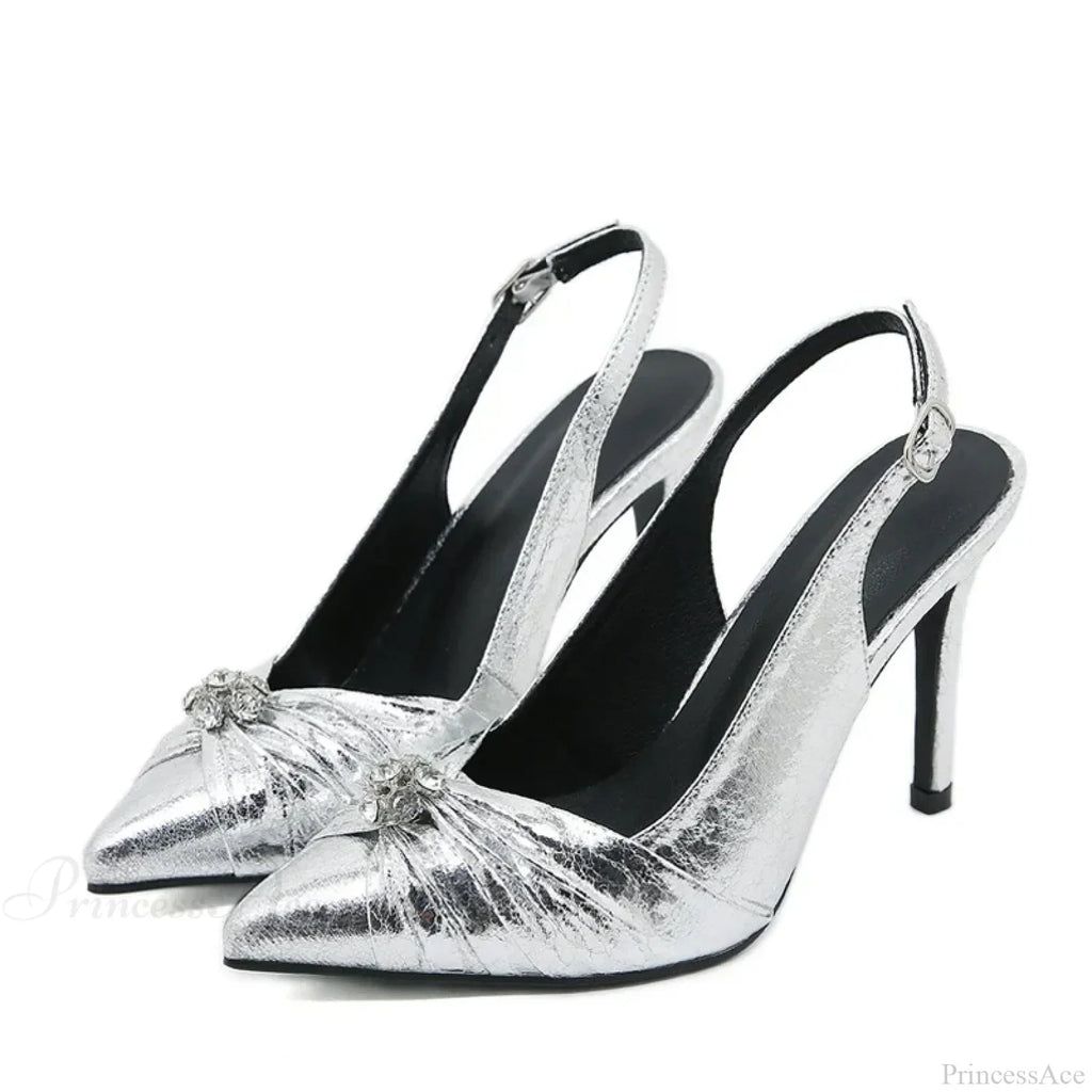 Spring Shoes Pumps Pleated Pointed-Toe Silver High-Heels Sexy Back-Buckle Strap Stiletto High Heel