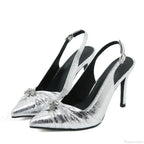 Spring Shoes Pumps Pleated Pointed-Toe Silver High-Heels Sexy Back-Buckle Strap Stiletto High Heel