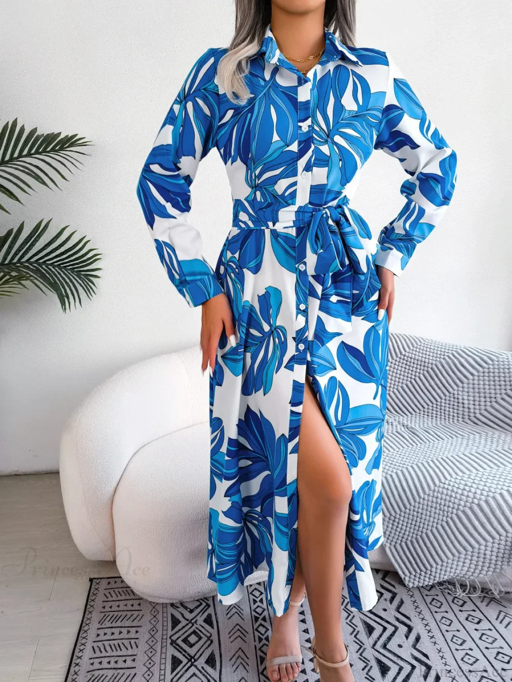 Spring Summer Contrast Floral Polo Collar Shirt Floral Dress
