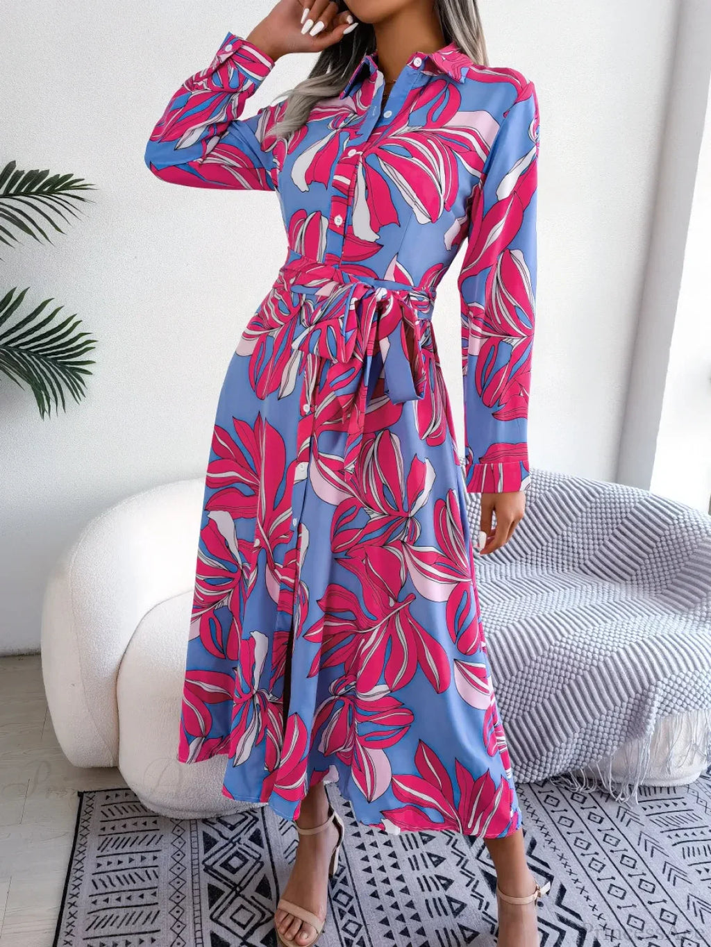 Spring Summer Contrast Floral Polo Collar Shirt Floral Dress