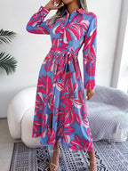 Spring Summer Contrast Floral Polo Collar Shirt Floral Dress